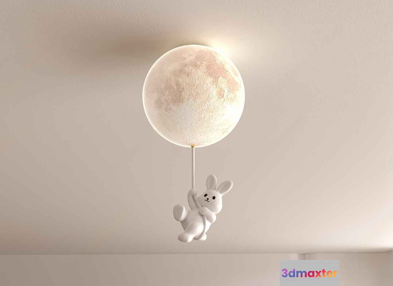 A White Rabbit Figurine Hanging From A Moon-Shaped Lamp 3D Model - 4256 - VRAY Render