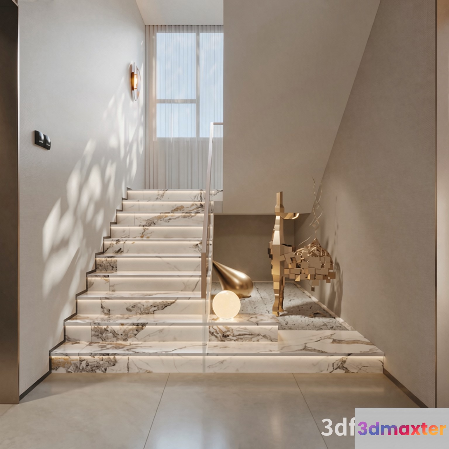 The Image Features A Modern Staircase With Marble Steps And Gold Accents 3D Model - 23349 - VRAY Render