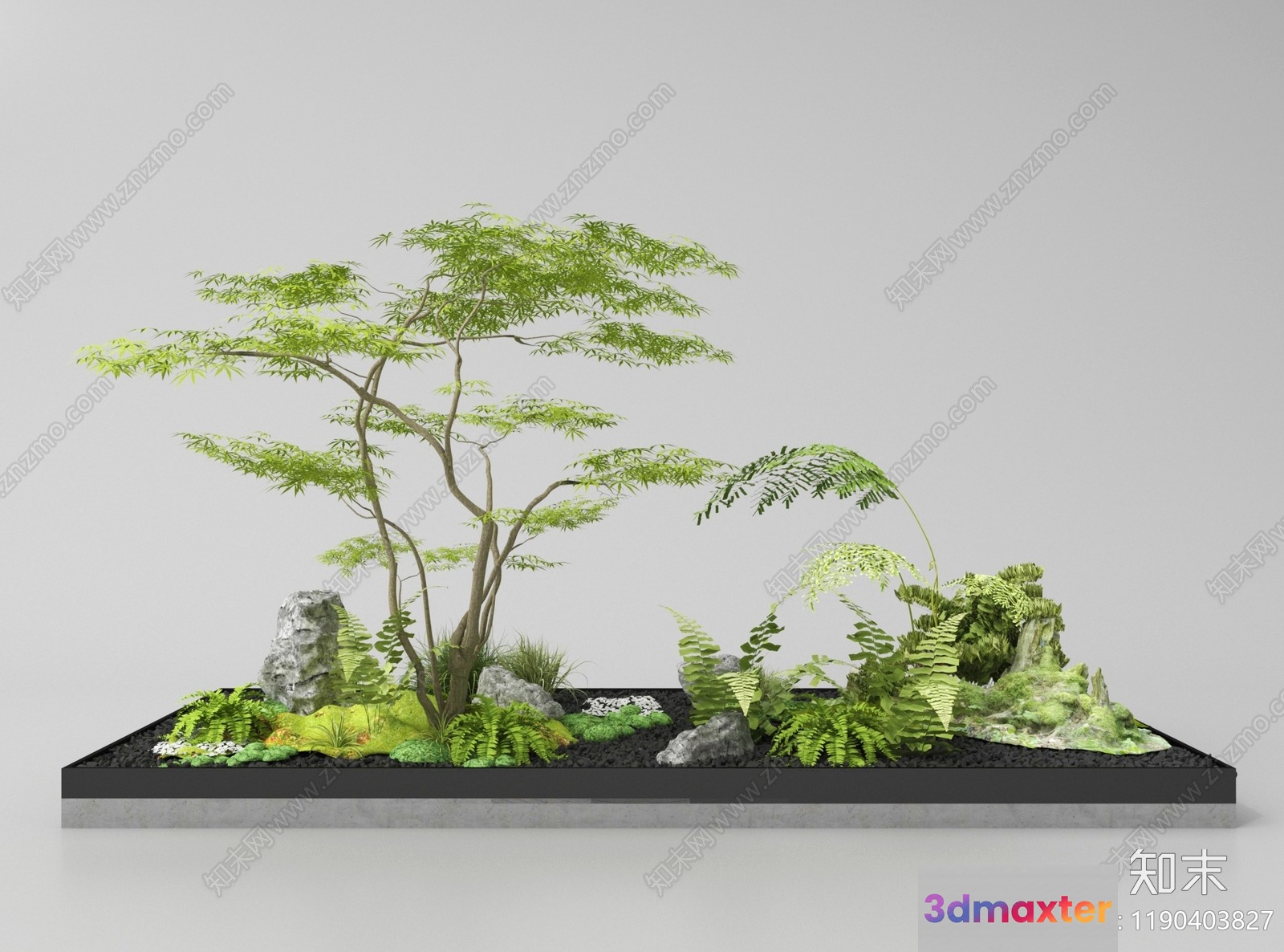A Japanese Garden With A Tree And Rocks 3D Model - 20471 - VRAY Render