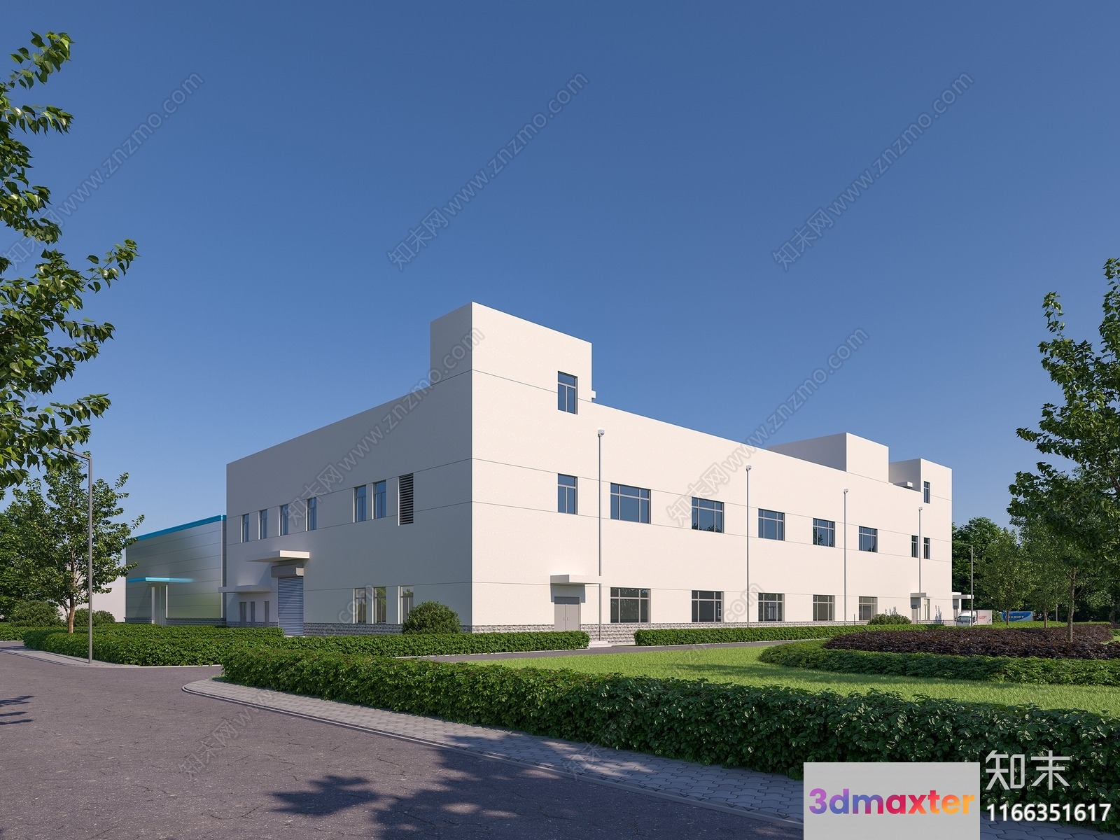 A Large White Building With A Paved Road And Greenery 3D Model - 2728 - VRAY Render