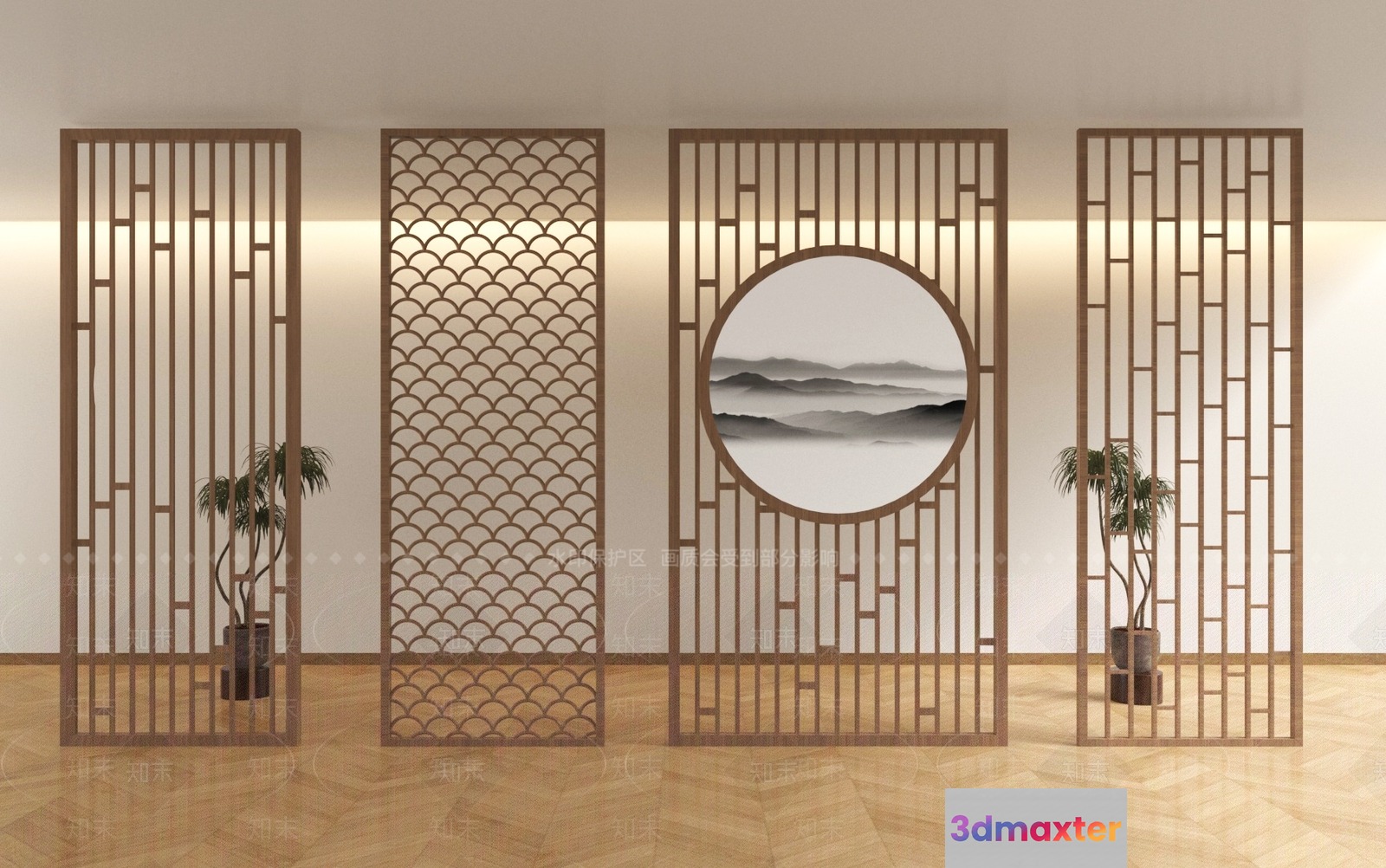 A Decorative Screen With A Circular Landscape Painting 3D Model - 10496 - VRAY Render
