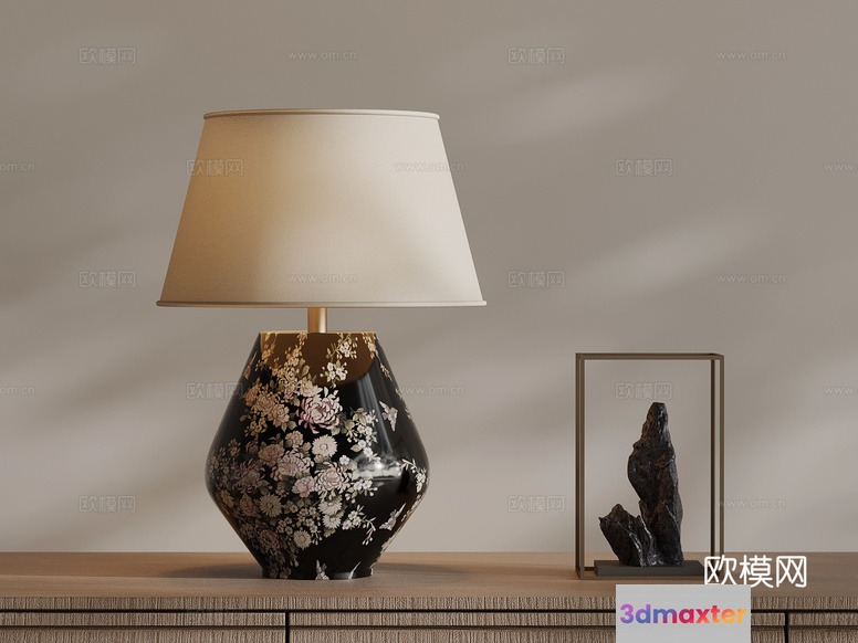 A Black Lamp With A Floral Design And A Beige Lampshade 3D Model - 12146 - VRAY Render