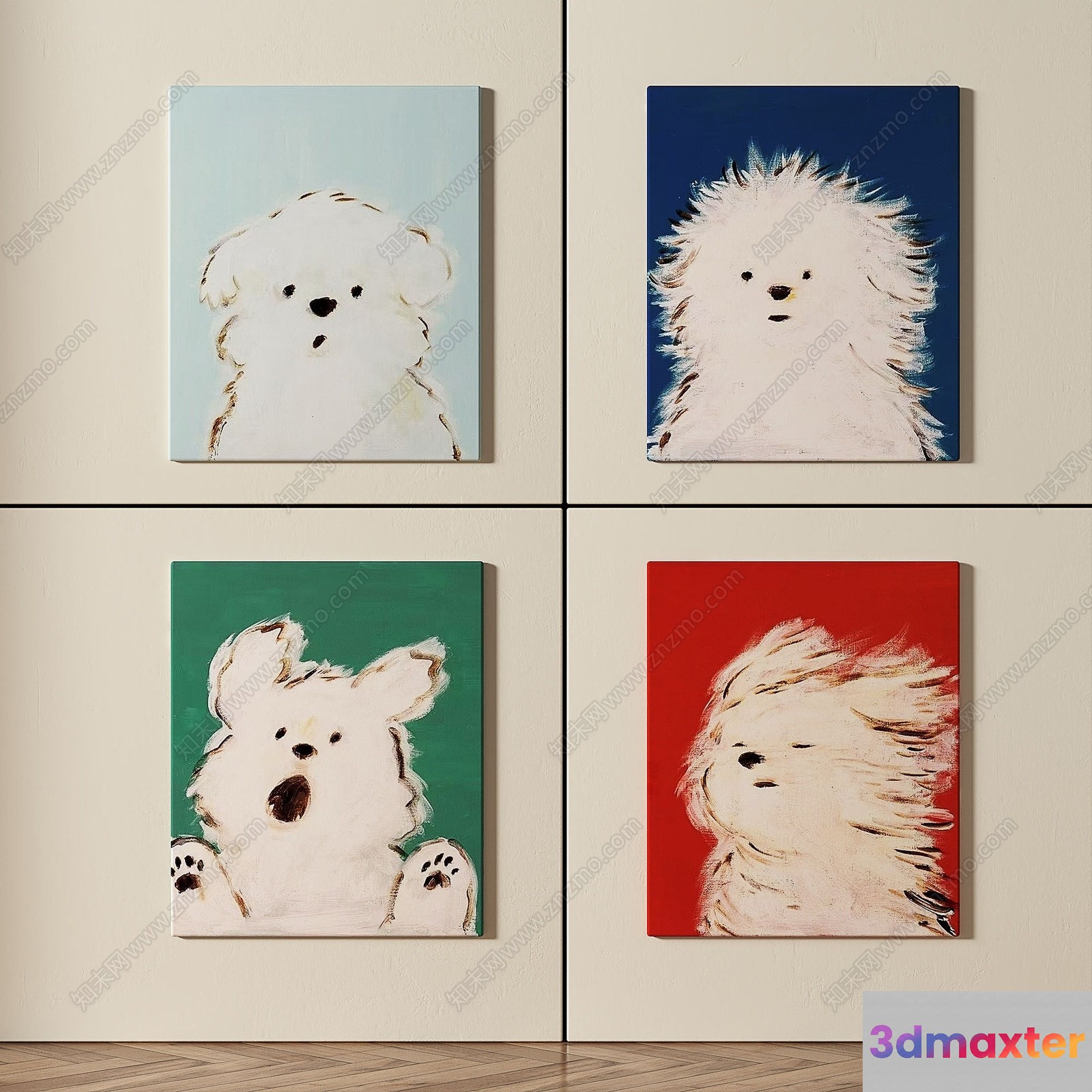 Four Paintings Of Dogs On A Wall 3D Model - 4991 - VRAY Render