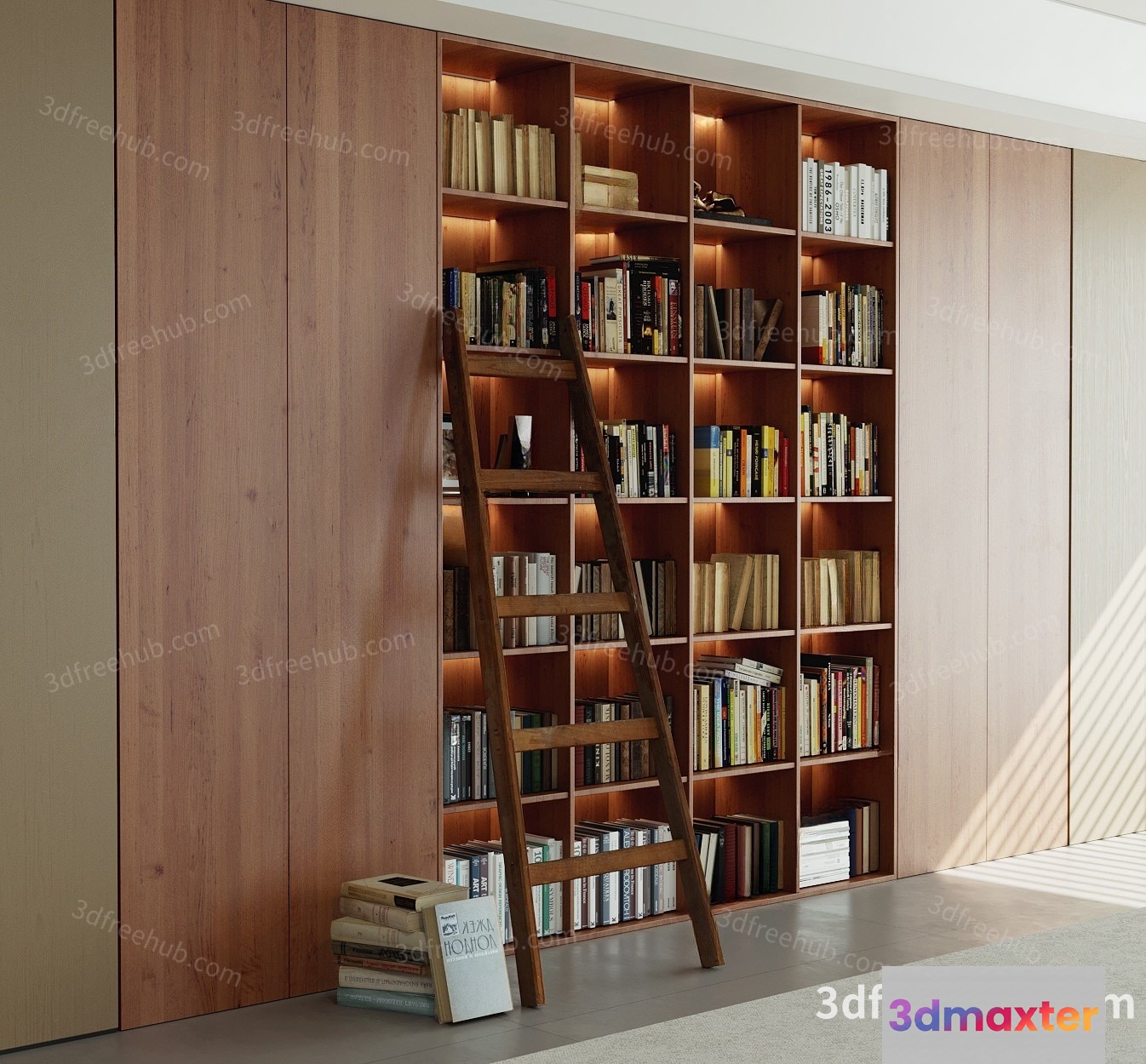Wooden Bookshelf With Ladder 3D Model - 22012 - VRAY Render