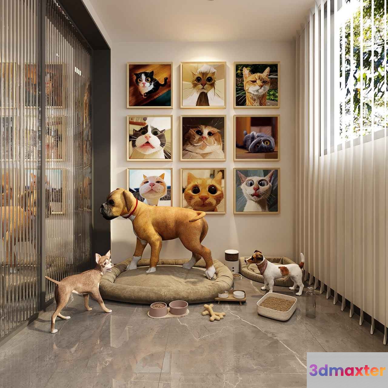 A Pet Room With Cat And Dog Figurines 3D Model - 11903 - VRAY Render