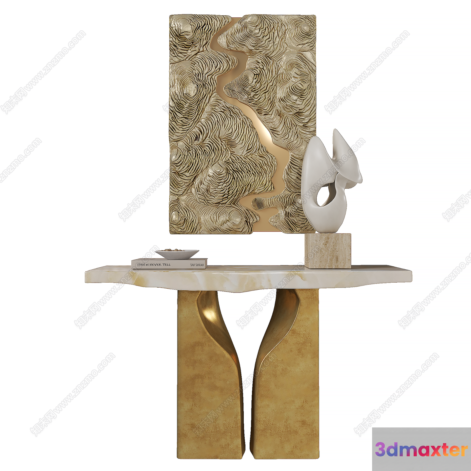 A Decorative Table With A Gold And White Design 3D Model - 22556 - VRAY Render
