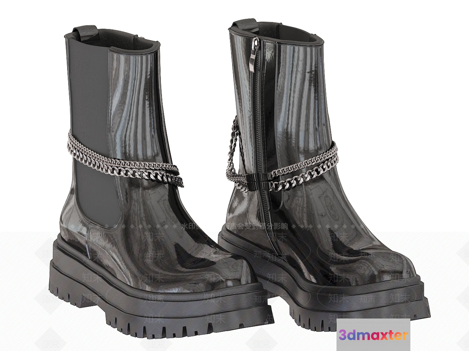 Black Combat Boots With Silver Chain Accents 3D Model - 18277 - VRAY Render