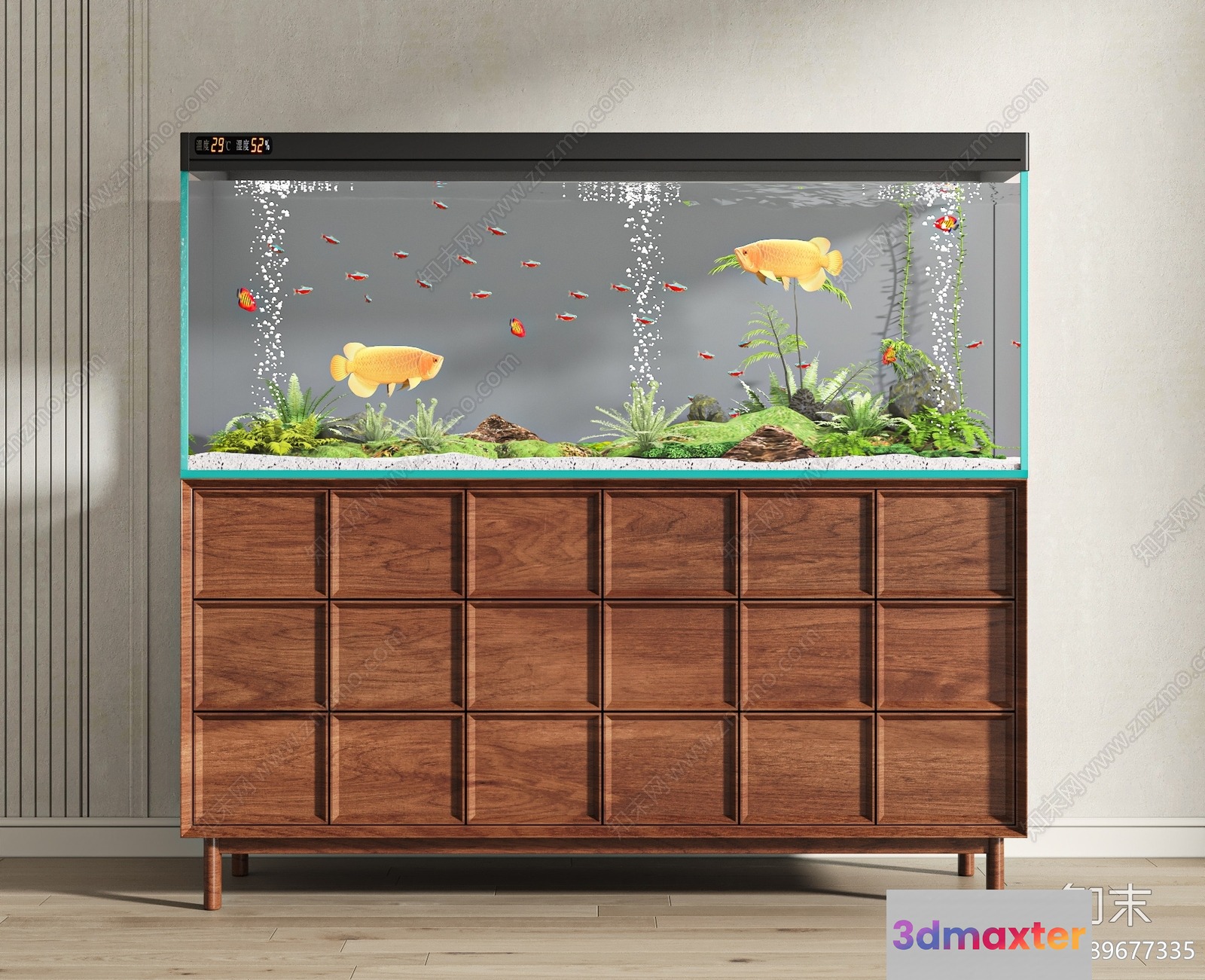A Fish Tank With A Wooden Cabinet 3D Model - 12960 - VRAY Render