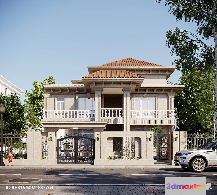 A Large House With A Car Parked In Front 3D Model - 2836 - VRAY Render