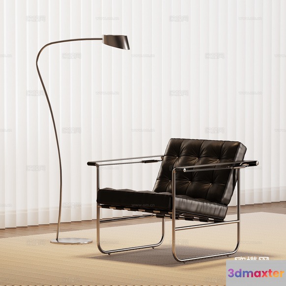 Modern Black Leather Chair And Silver Floor Lamp 3D Model - 6782 - VRAY Render