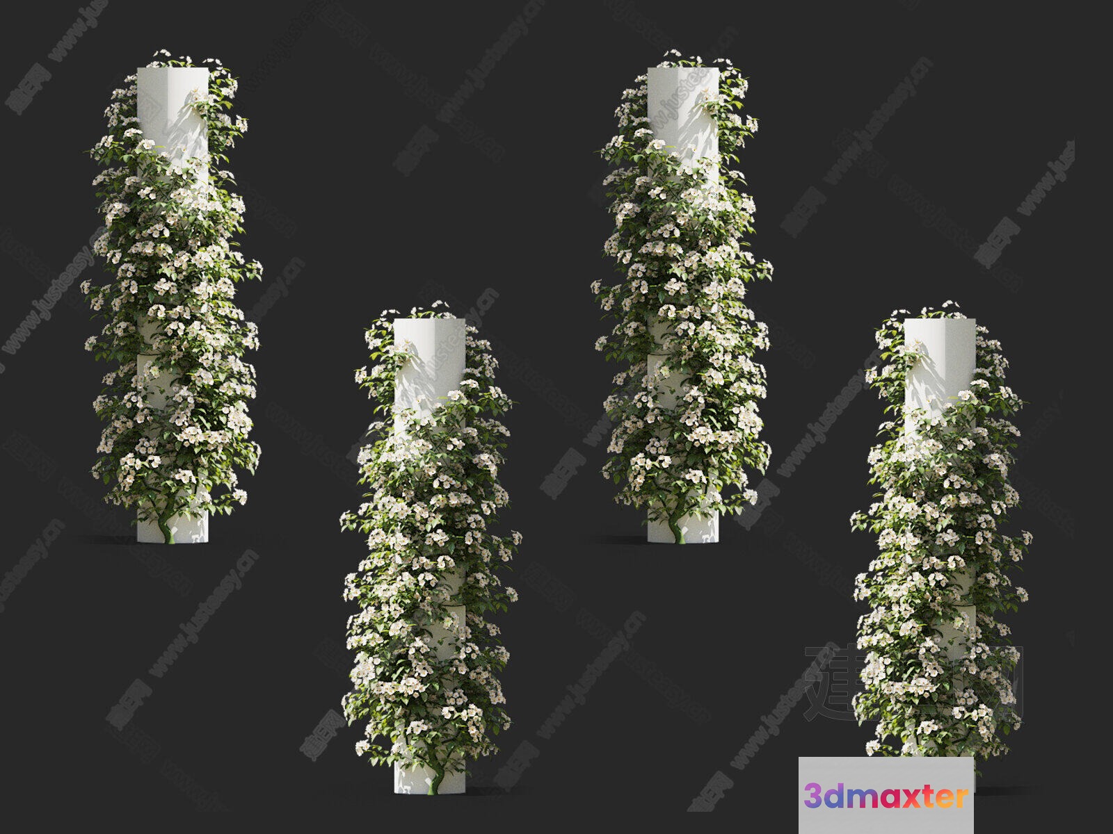 Four White Pillars With Green And White Flowers 3D Model - 17682 - VRAY Render