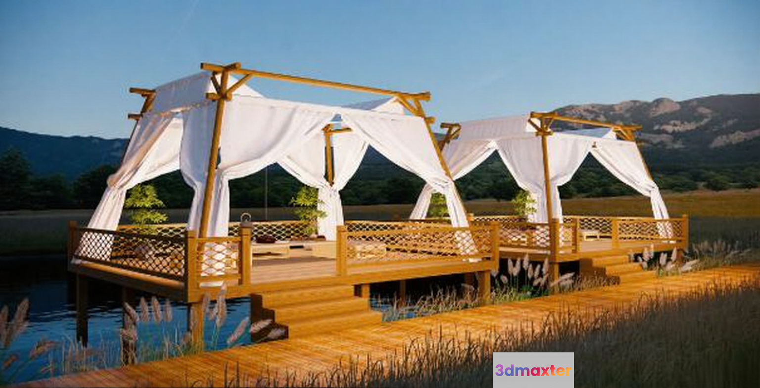 A Serene Outdoor Setting With A Wooden Dock And White Canopy 3D Model - 12058 - VRAY Render