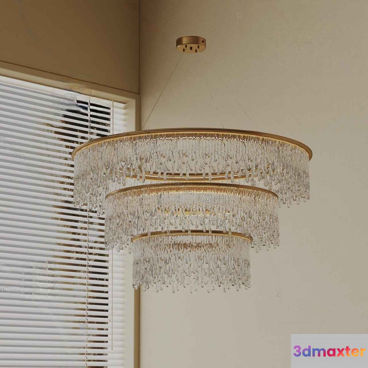 A Chandelier With A Gold Frame And Crystal Droplets 3D Model - 20077 - VRAY Render