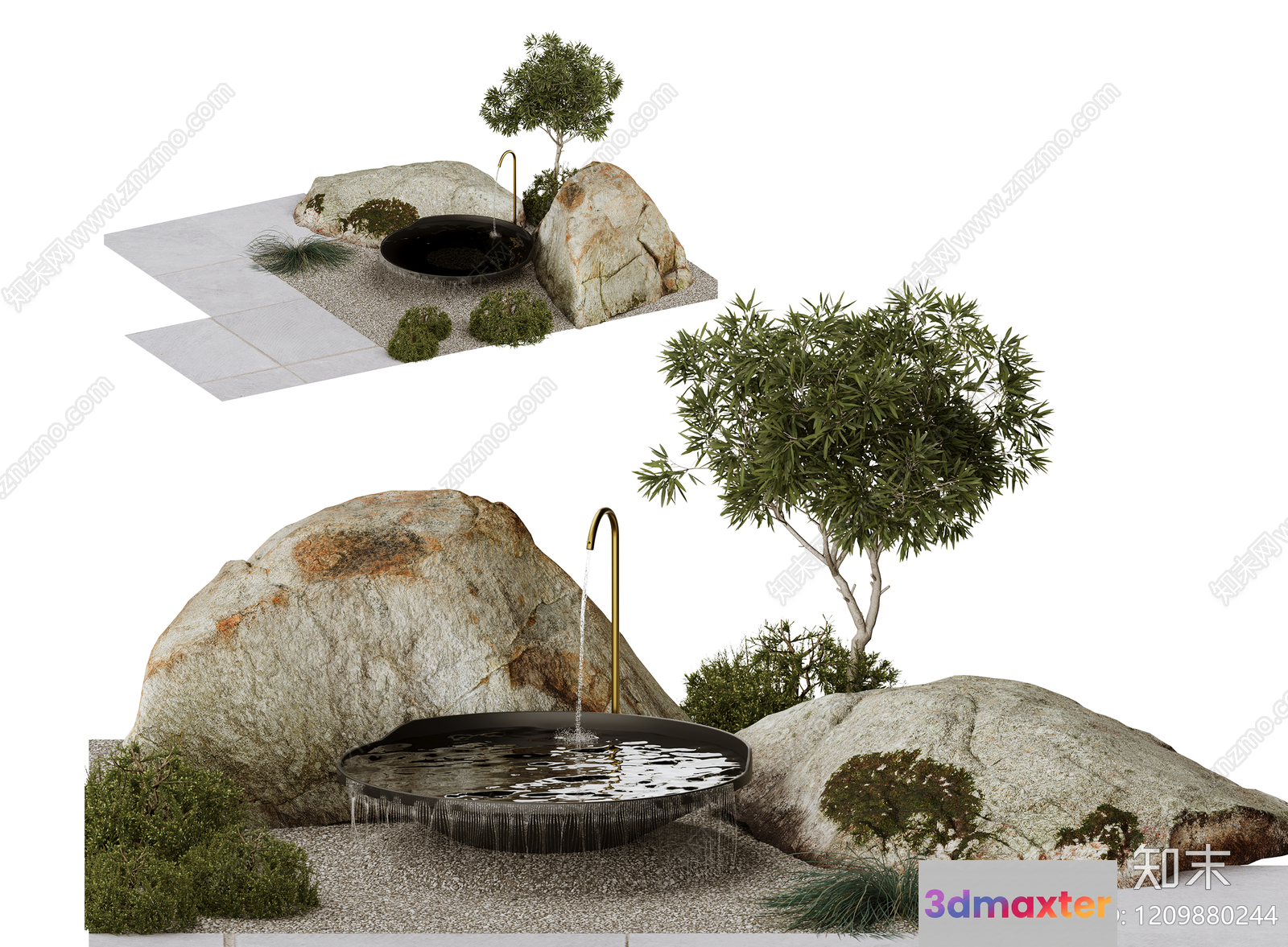 A 3D Rendering Of A Serene Outdoor Setting With A Small Water Feature 3D Model - 16632 - VRAY Render