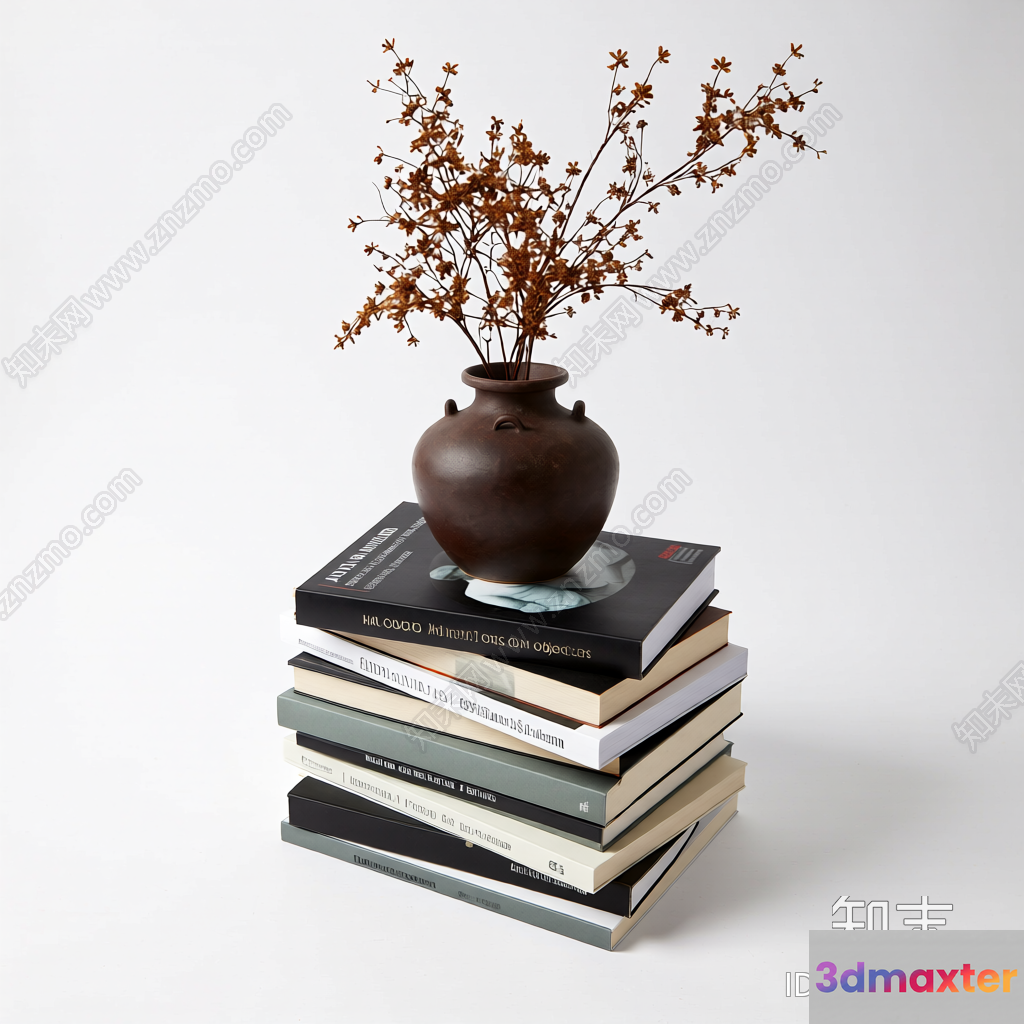 A Stack Of Books With A Vase On Top 3D Model - 1345 - VRAY Render