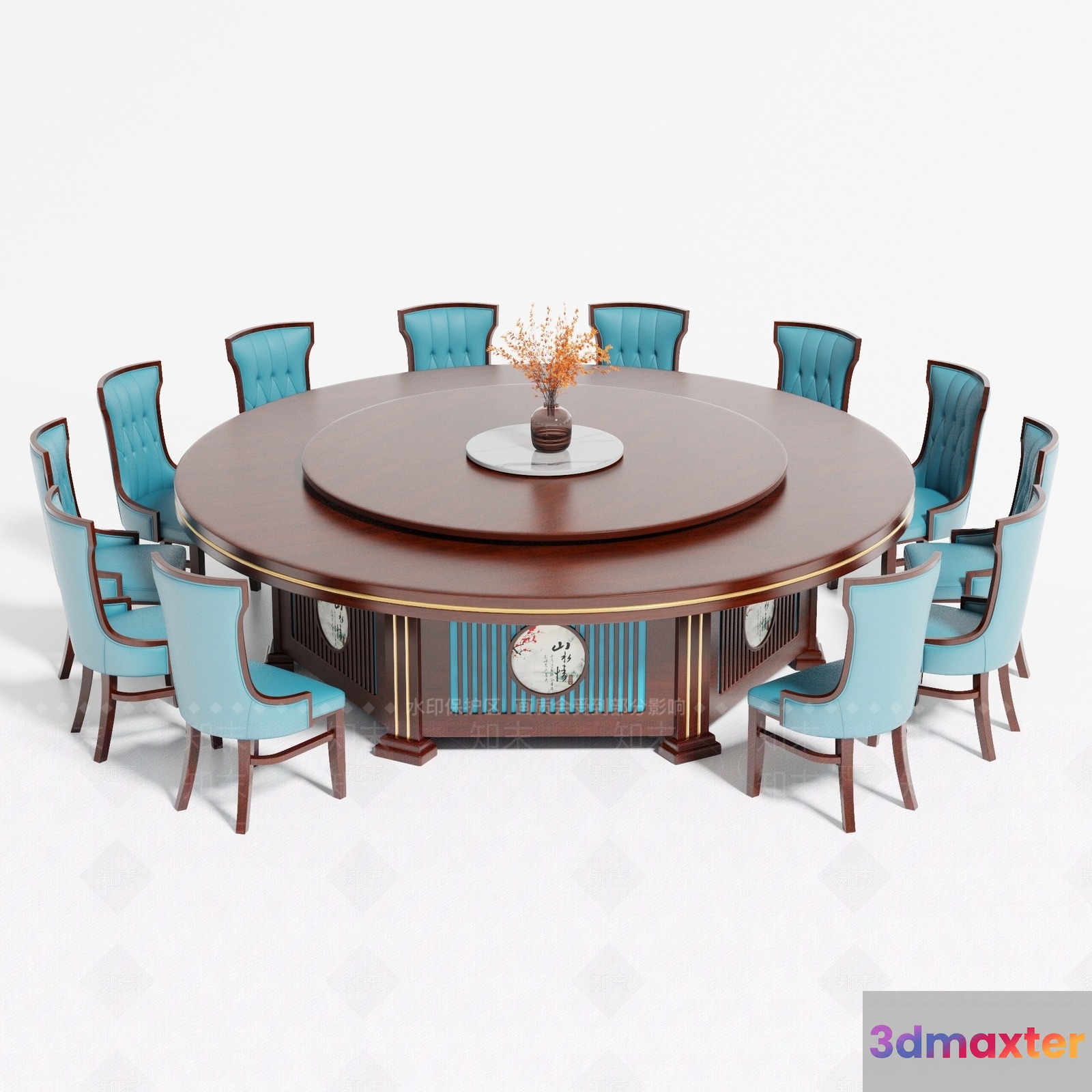 A Round Table With A Vase And Chairs 3D Model - 11886 - VRAY Render