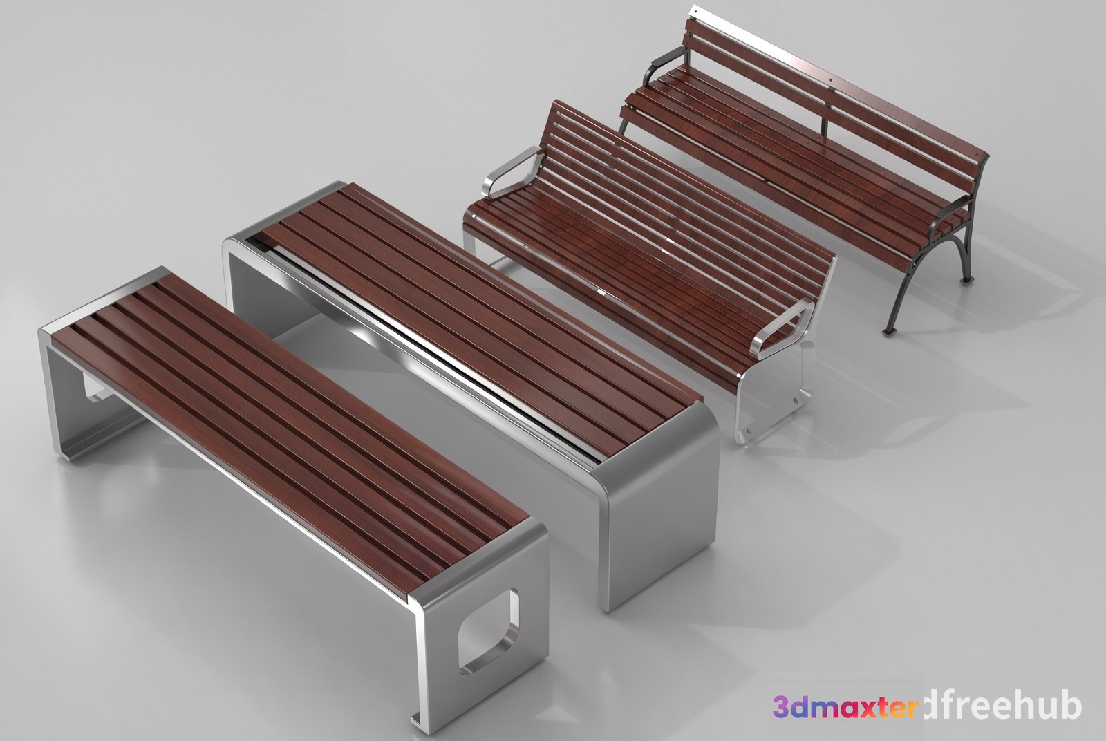 Four Benches With Metal Frames And Wooden Seats 3D Model - 23263 - VRAY Render