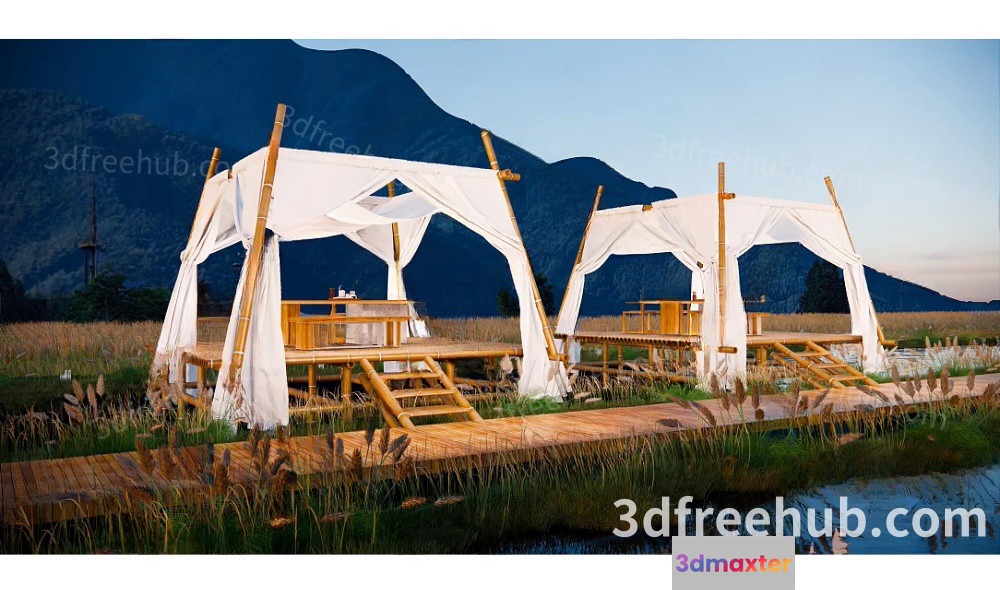 A Wooden Deck With White Curtains 3D Model - 10235 - VRAY Render