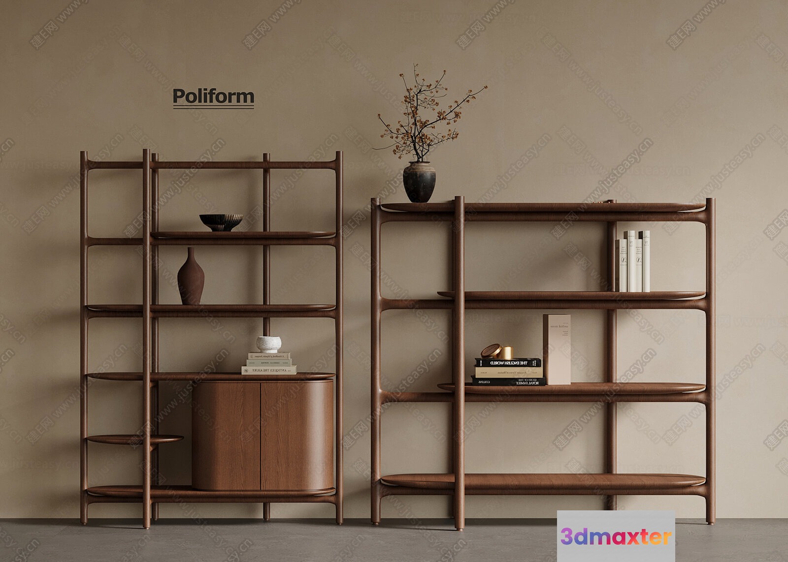 A Bookshelf With Books And Vases On It 3D Model - 12196 - VRAY Render