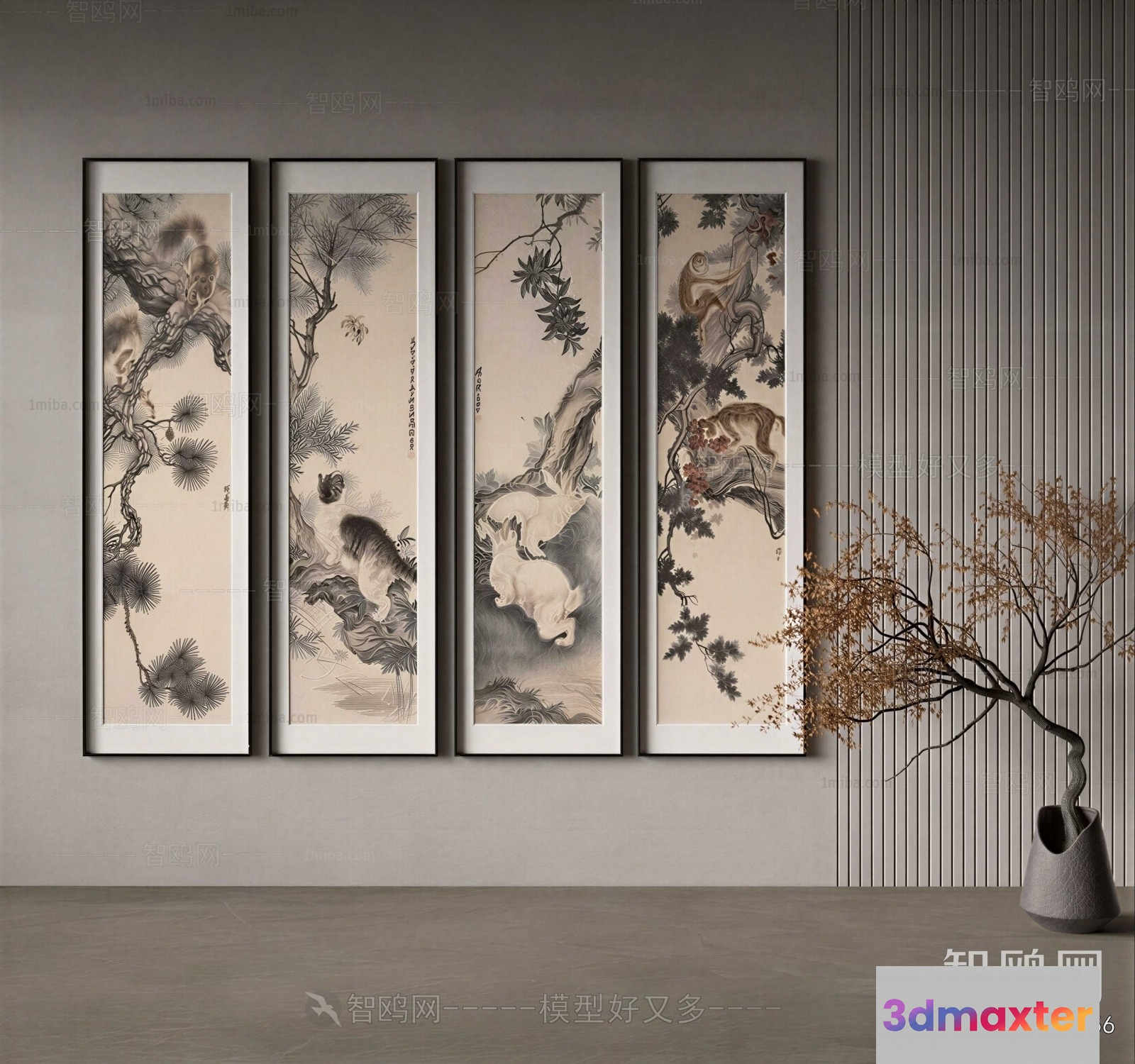 Four Framed Paintings Of Animals And Trees 3D Model - 12210 - VRAY Render