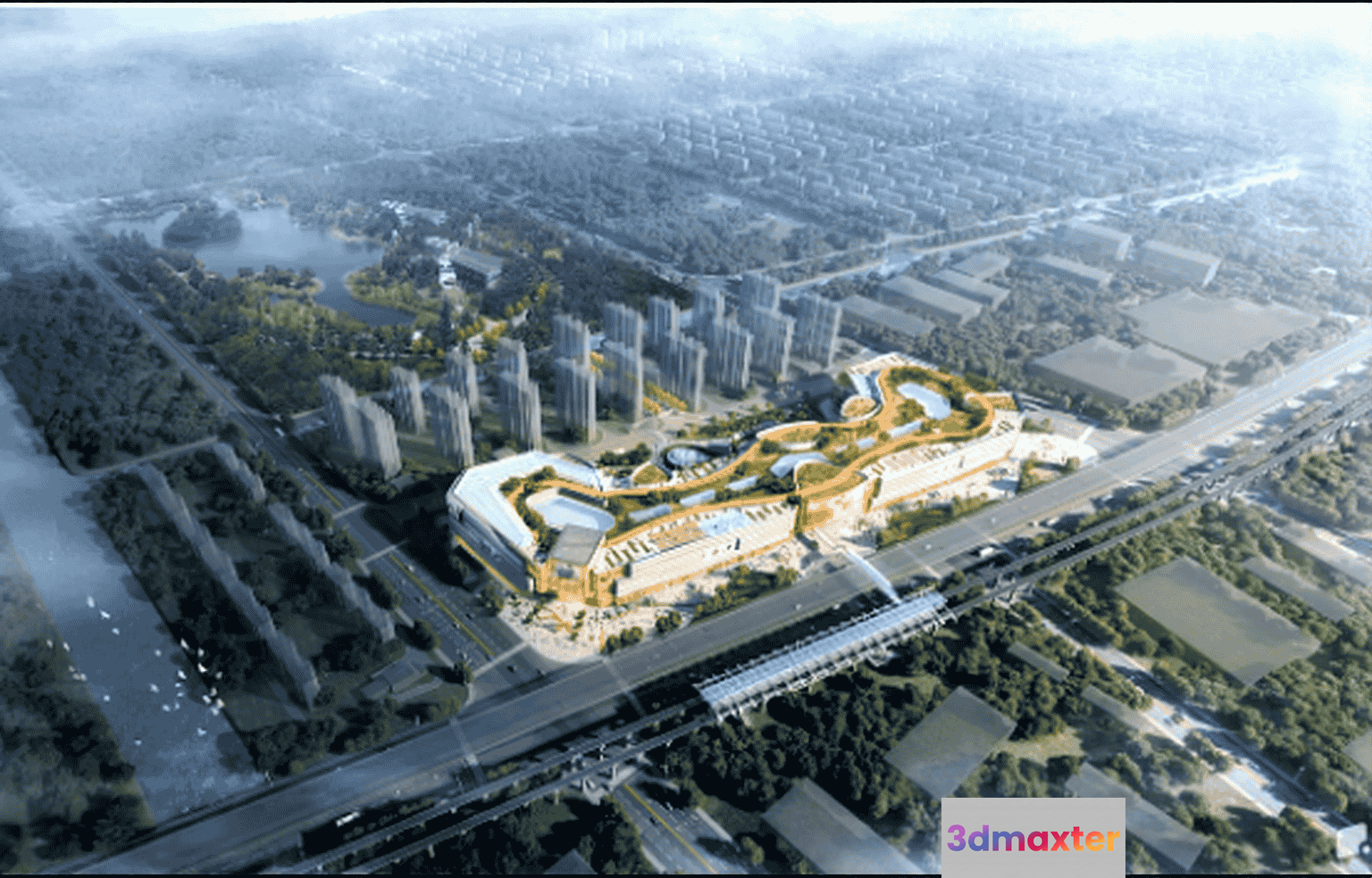 Aerial View Of A Large Multi-Story Building With A Unique Design 3D Model - 14835 - VRAY Render