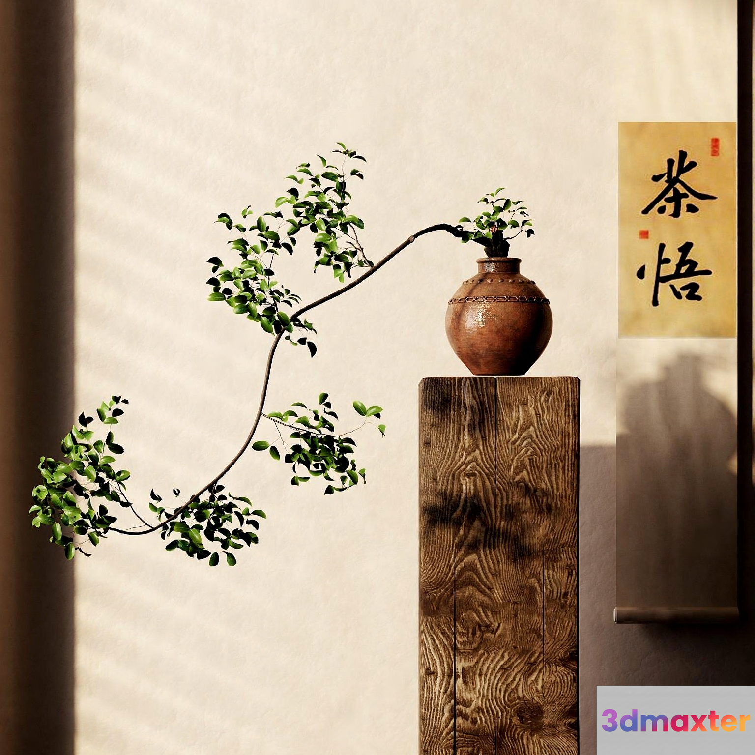 A Wooden Pedestal With A Plant 3D Model - 15294 - CORONA Render