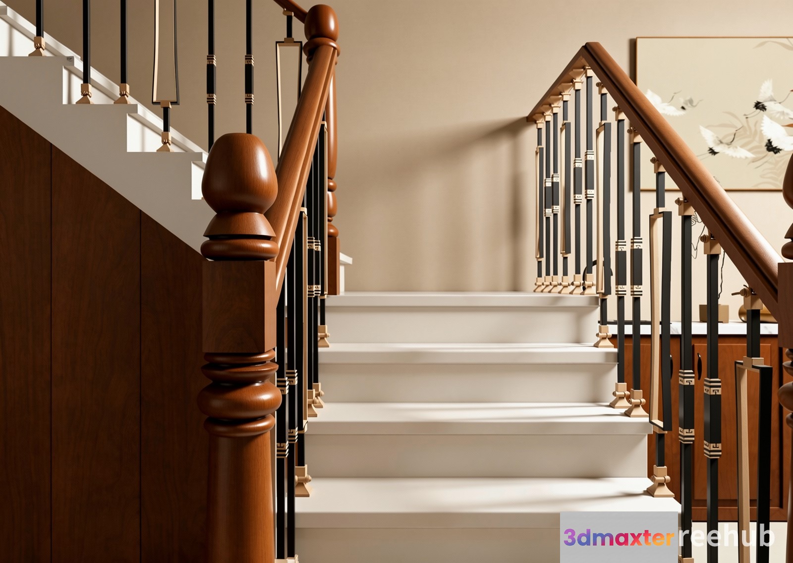 A Wooden Staircase With A Railing 3D Model - 23618 - VRAY Render