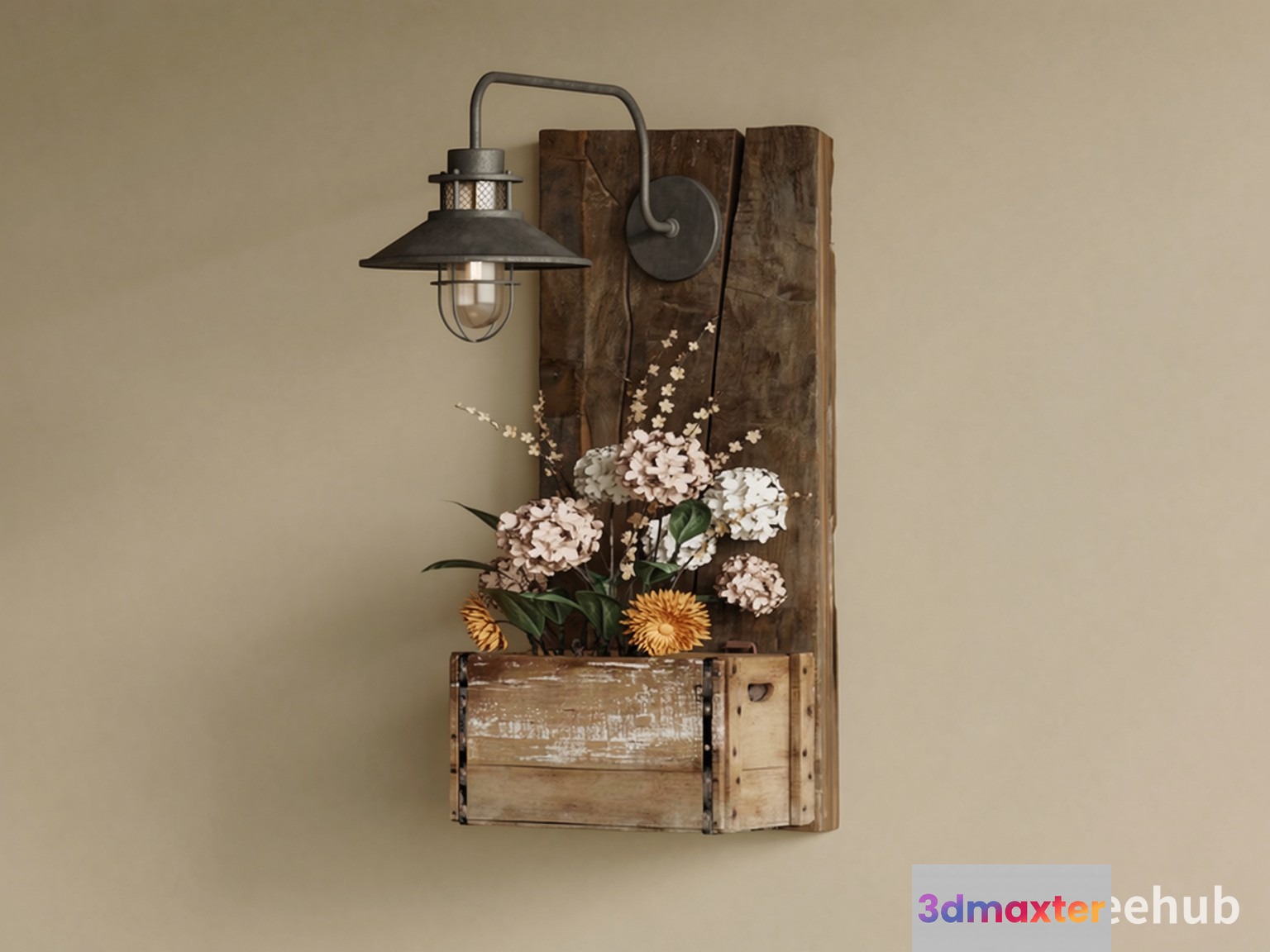 Wooden Wall Hanging With Flowers And Light Fixture 3D Model - 23354 - VRAY Render
