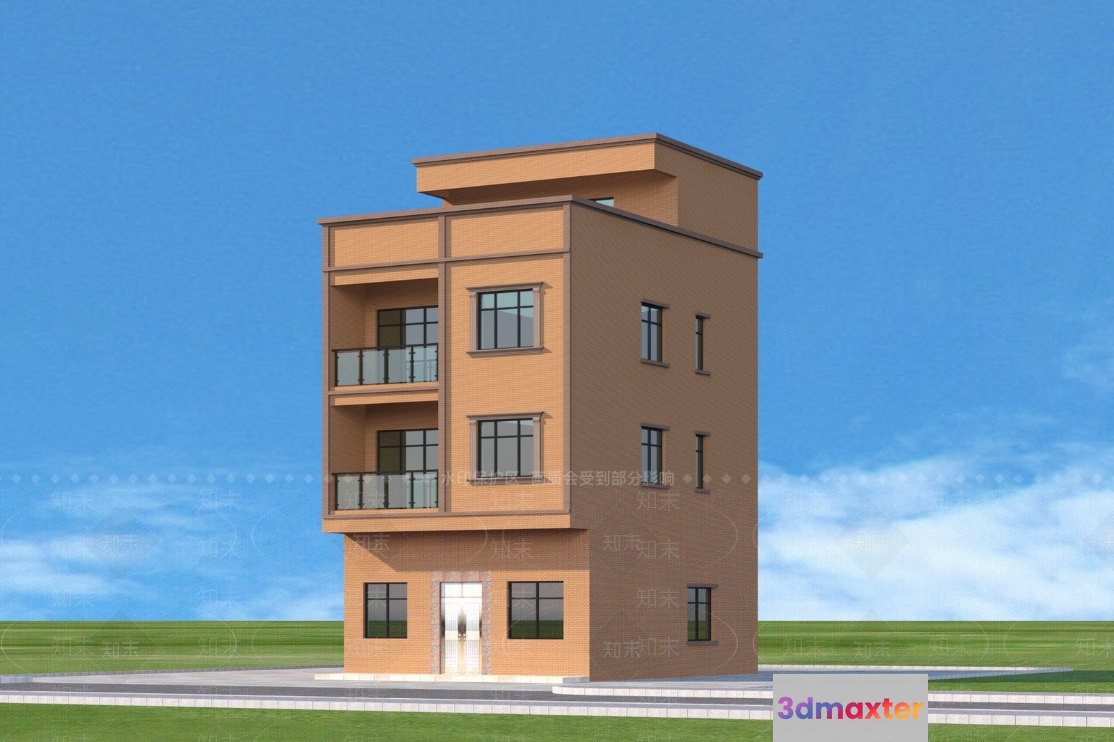A 3-Story Apartment Building With Balconies 3D Model - 11514 - VRAY Render