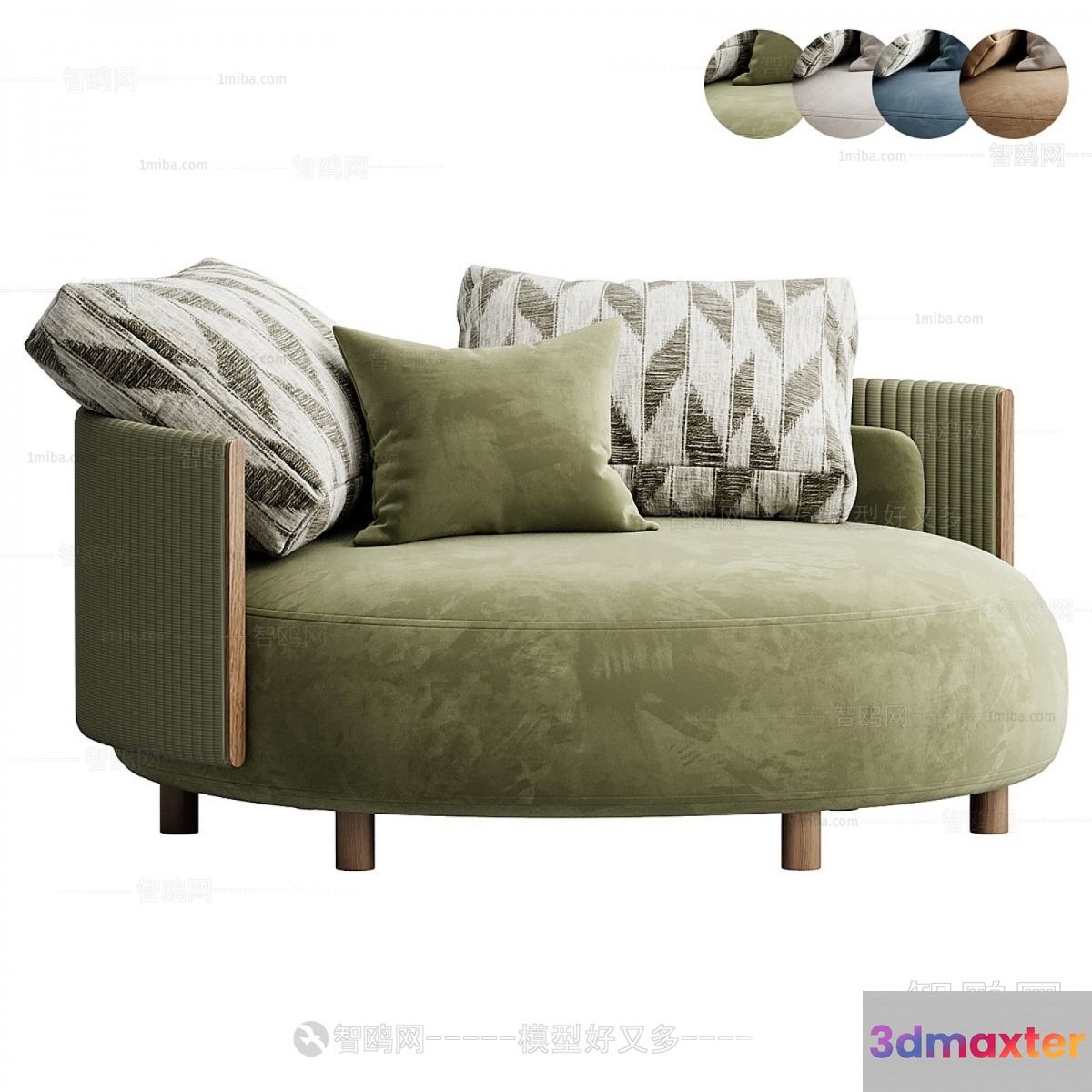 A Green Sofa With A Patterned Back Cushion 3D Model - 23472 - VRAY Render