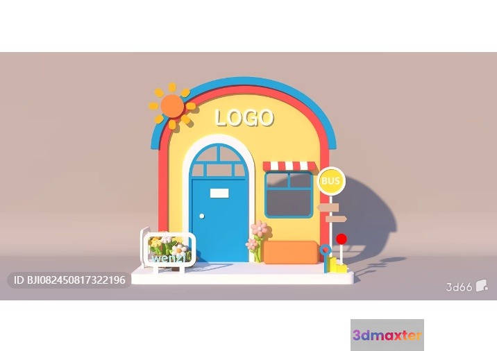 A Cartoon Building With A Blue Door And A Sign That Says Logo 3D Model - 6486 - VRAY Render