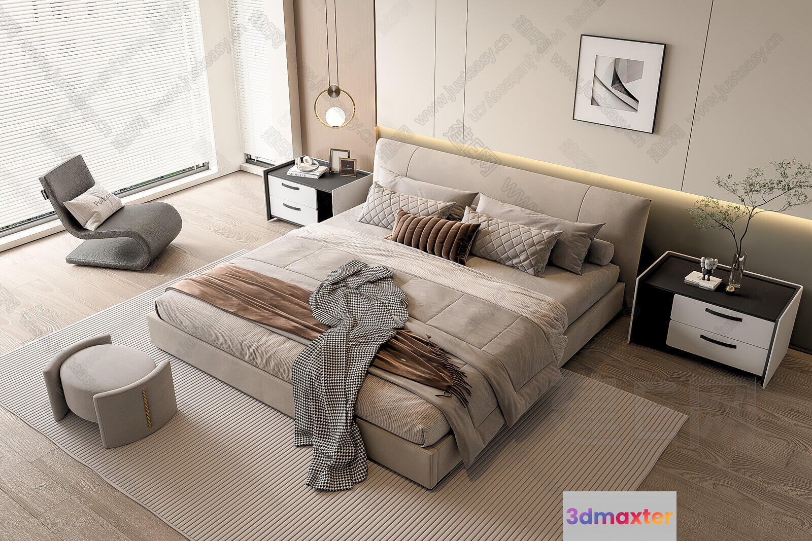 Modern Light-Colored Bedroom 3D Model - 17663 - VRAY Render