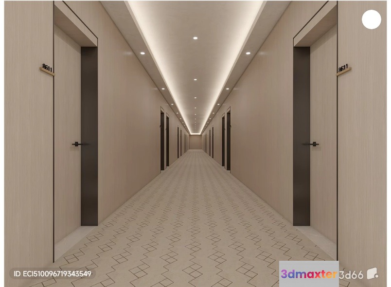 A Long Hallway With Doors 3D Model - 2510 - VRAY Render