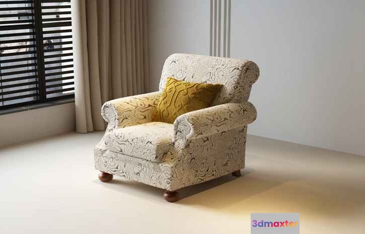 White Armchair With Yellow Pillow 3D Model - 2622 - VRAY Render