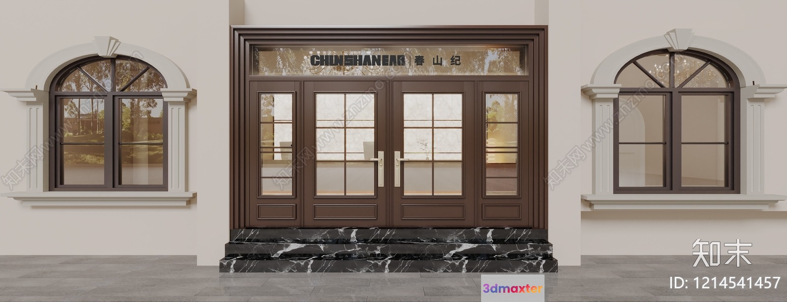 A Brown Door With Windows On Either Side 3D Model - 17769 - VRAY Render
