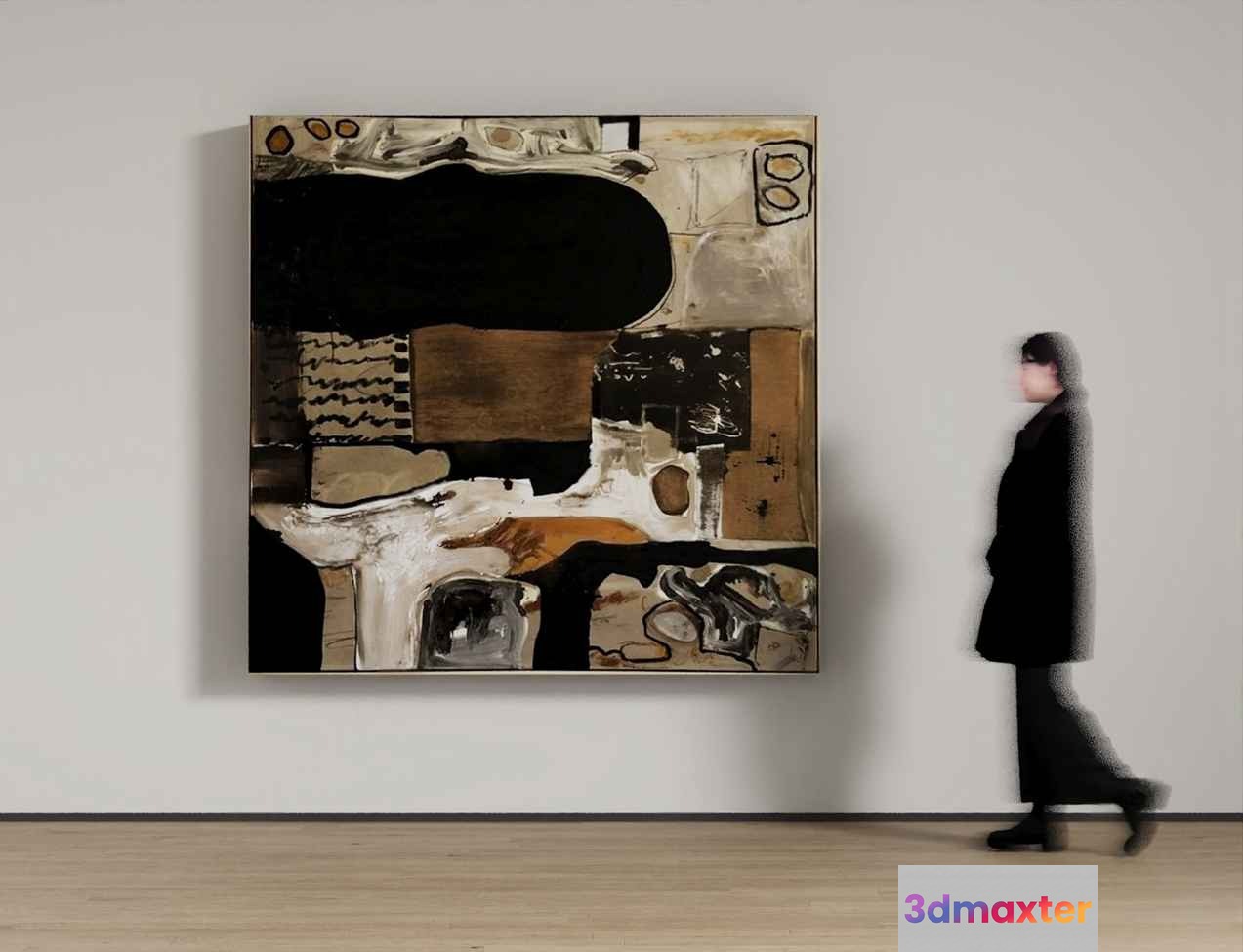 A Person In A Black Outfit Walking Past A Large Abstract Painting 3D Model - 4963 - VRAY Render