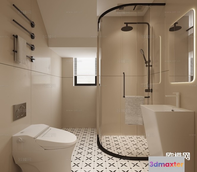 Modern Bathroom With A Glass Shower 3D Model - 23366 - CORONA Render