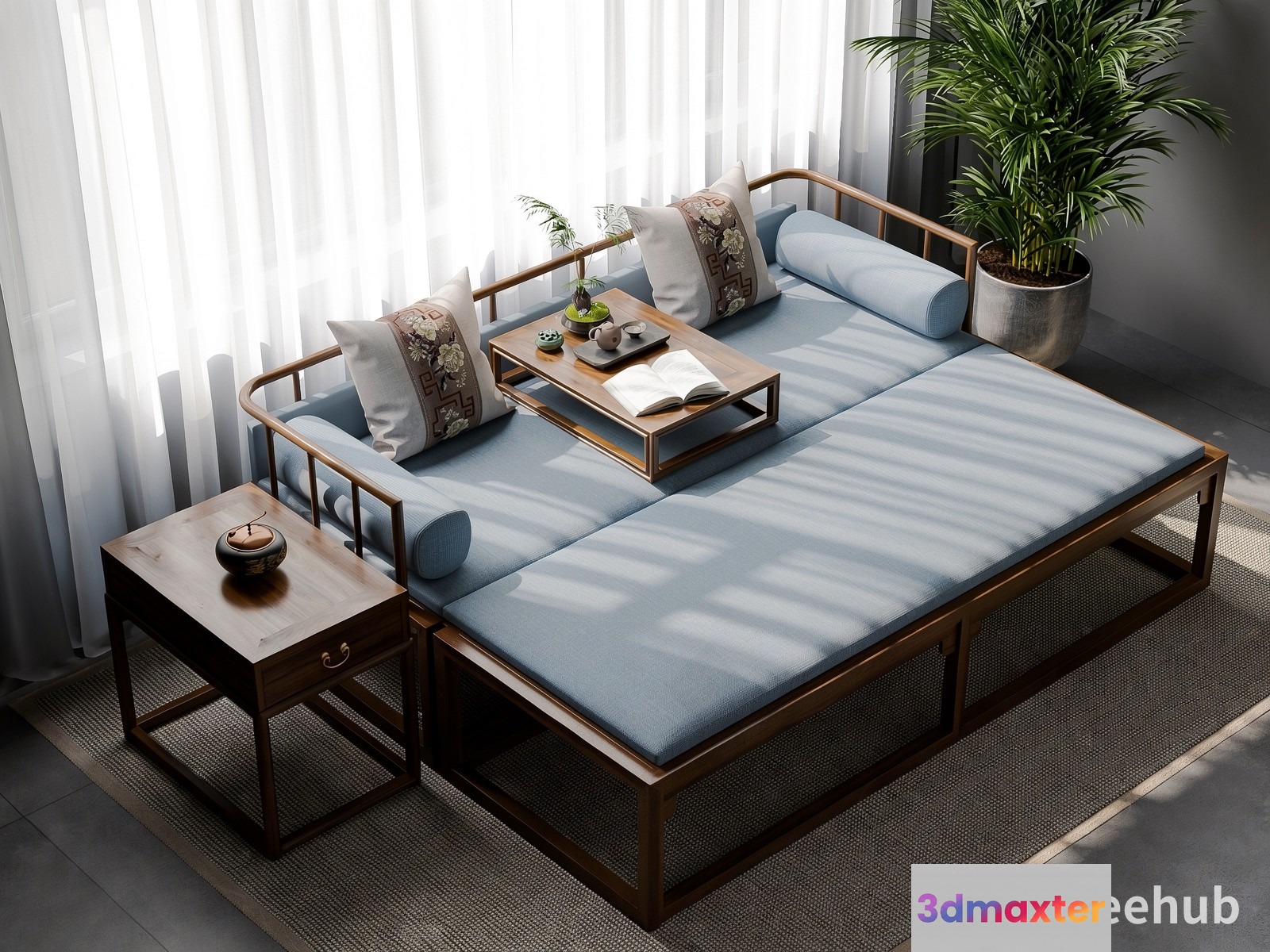 A Wooden Daybed With A Light Blue Cushion 3D Model - 20842 - VRAY Render