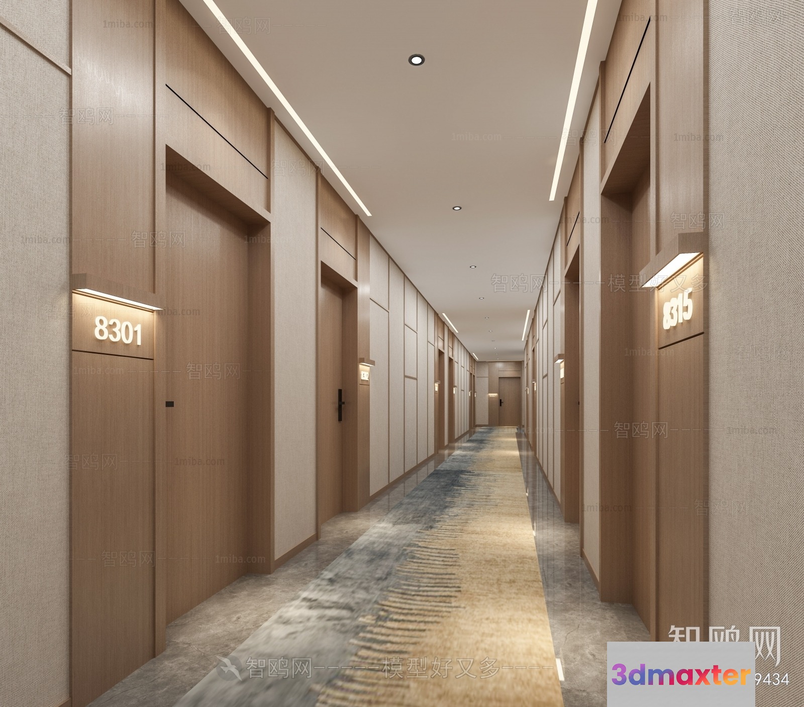 A Long Hallway With Beige Walls And Doors 3D Model - 21268 - VRAY Render
