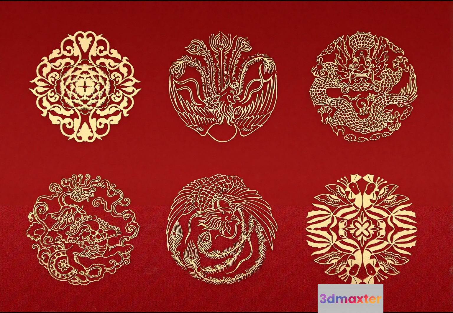 Gold Designs On A Red Background 3D Model - 2133 - VRAY Render