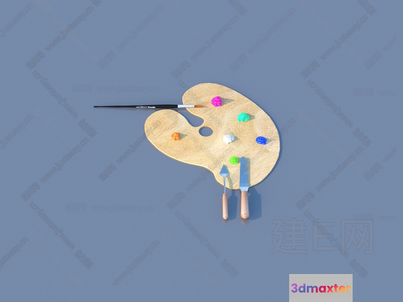 A Wooden Palette With Paint And Brushes 3D Model - 11506 - VRAY Render