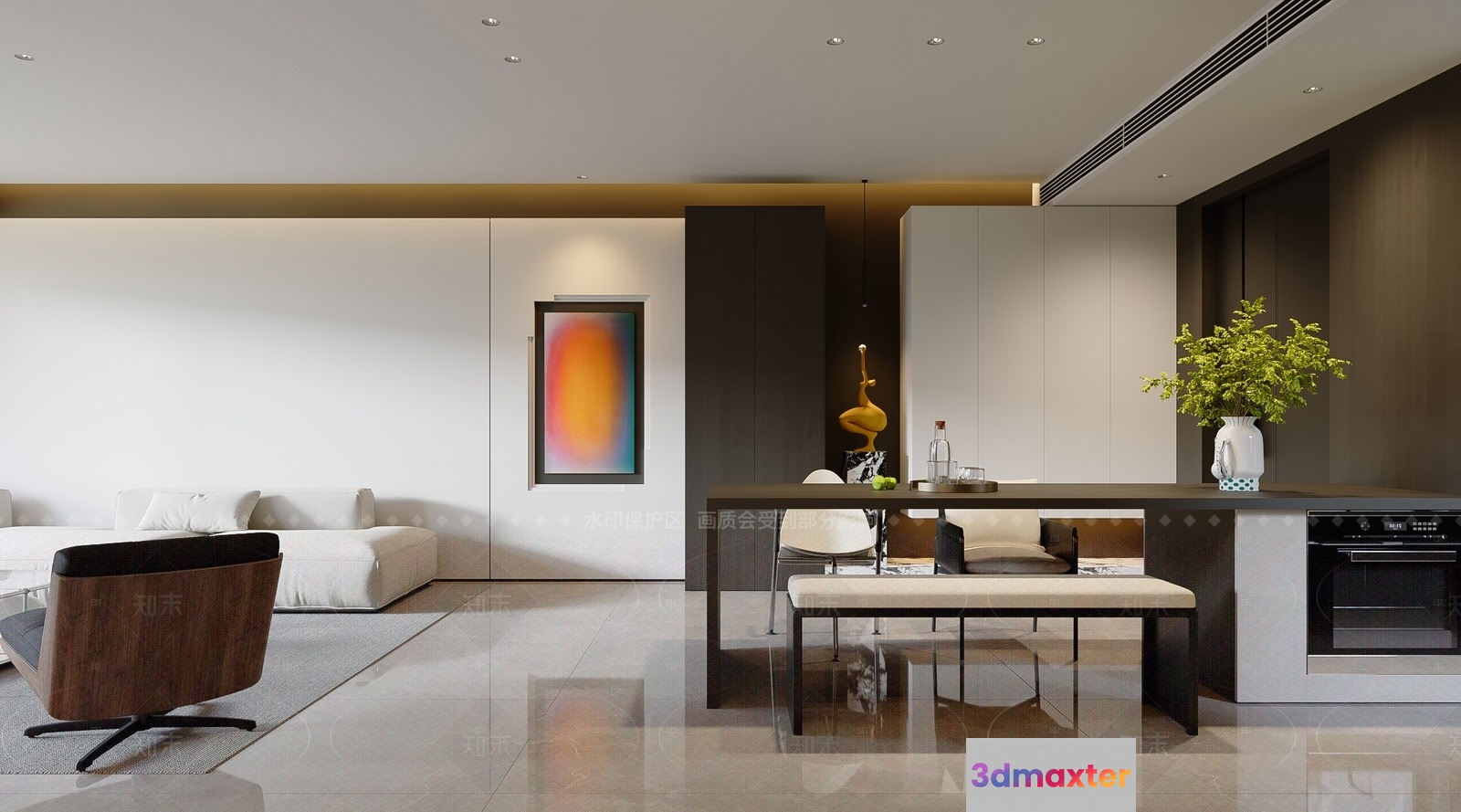 Modern Open-Concept Kitchen And Living Room 3D Model - 19574 - VRAY Render