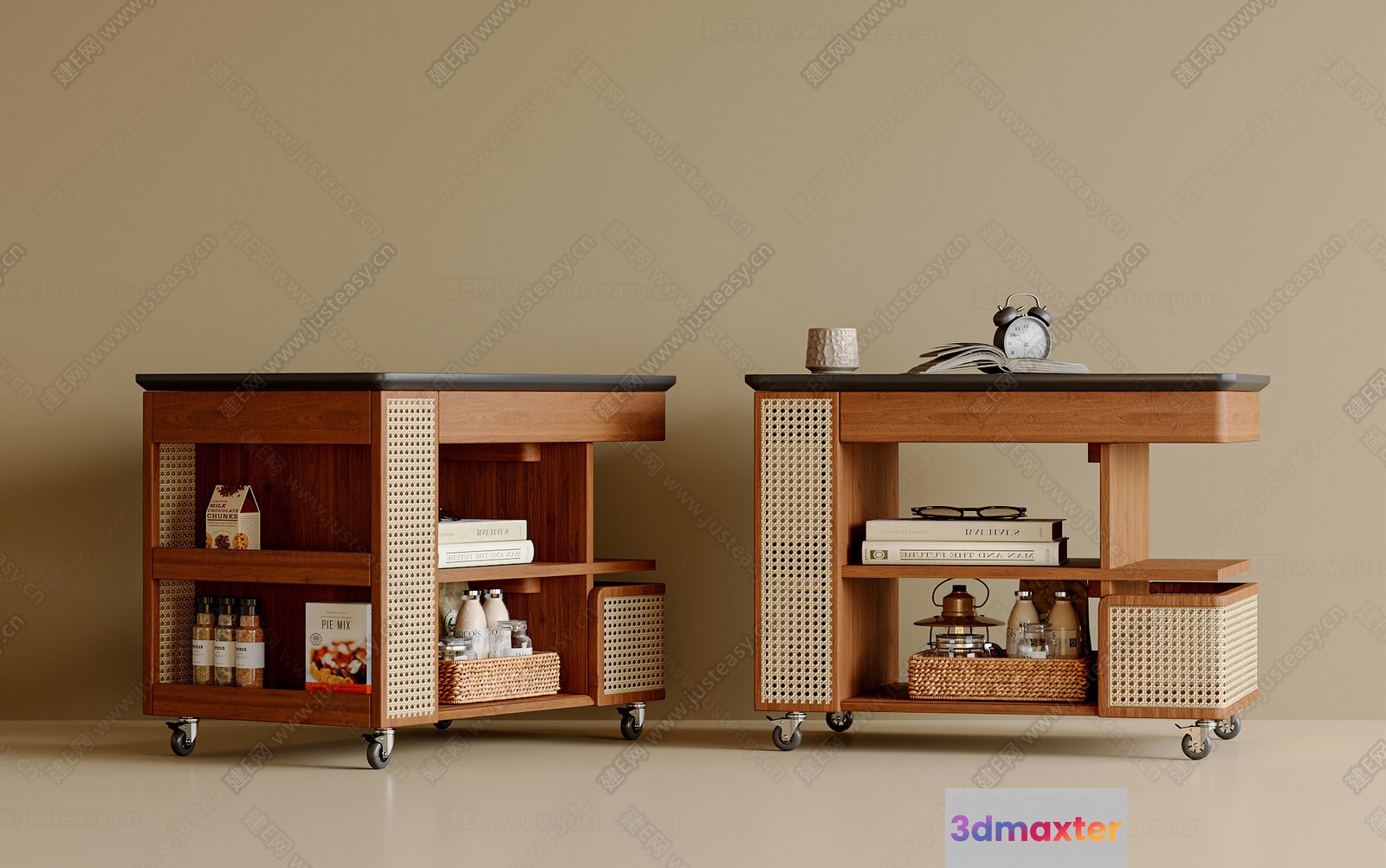 Two Wooden Carts With Wheels Featuring Open Shelves And Wicker Baskets 3D Model - 13936 - VRAY Render