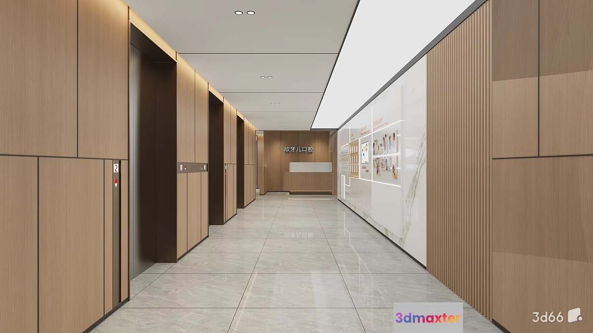 The Main Subject Is A Long Hallway With Elevators 3D Model - 22488 - VRAY Render