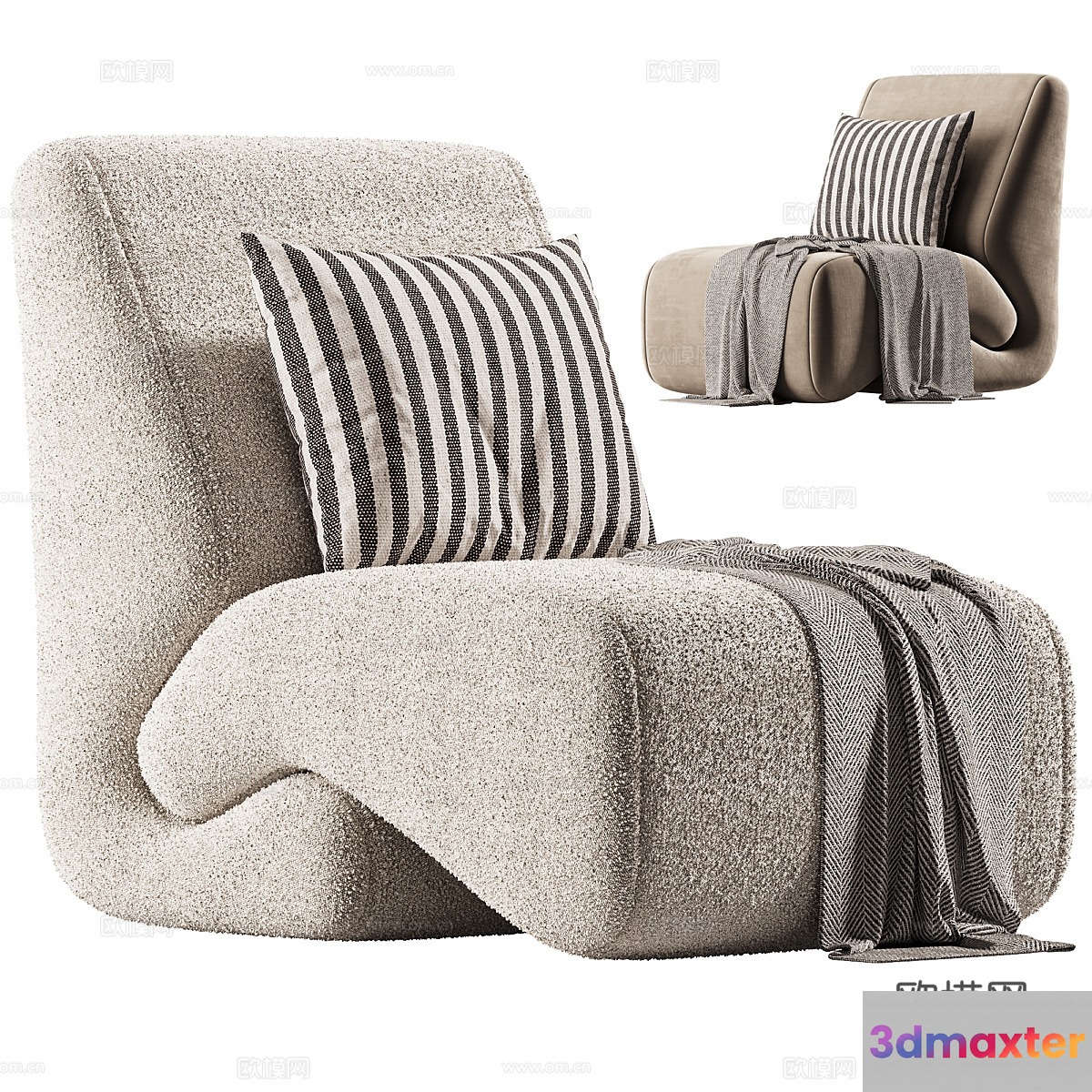 A Beige Chair With A Striped Pillow 3D Model - 3329 - CORONA Render