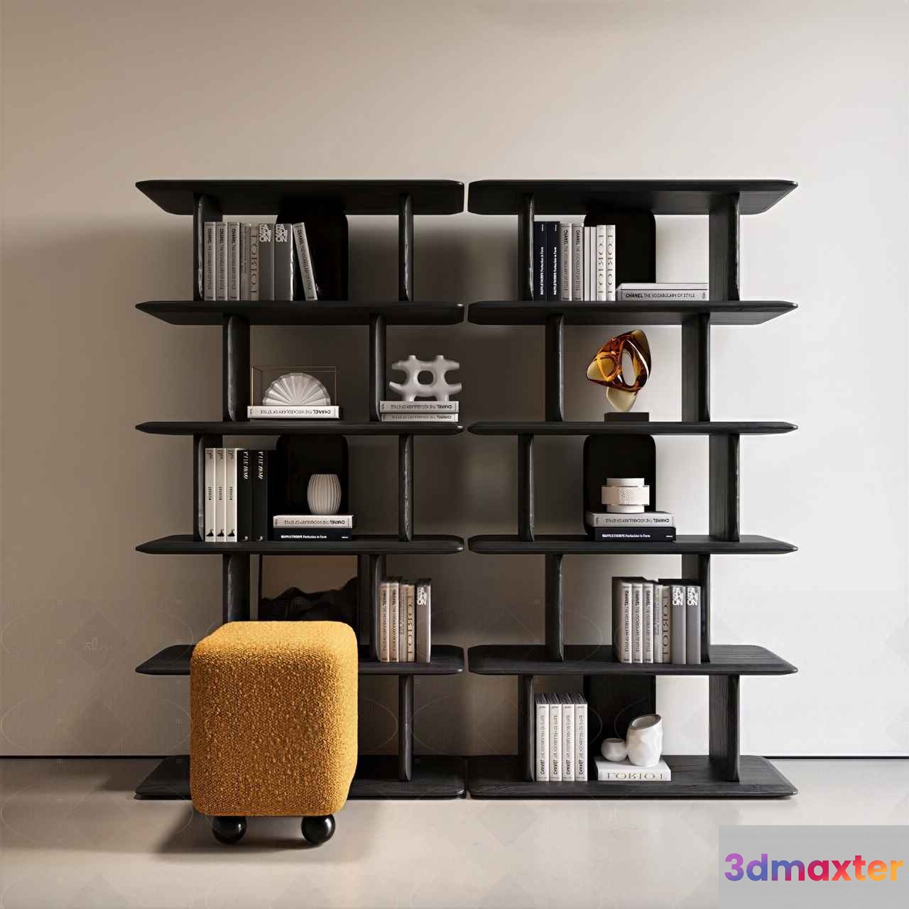 A Bookshelf With A Yellow Stool In Front Of It 3D Model - 1712 - CORONA Render