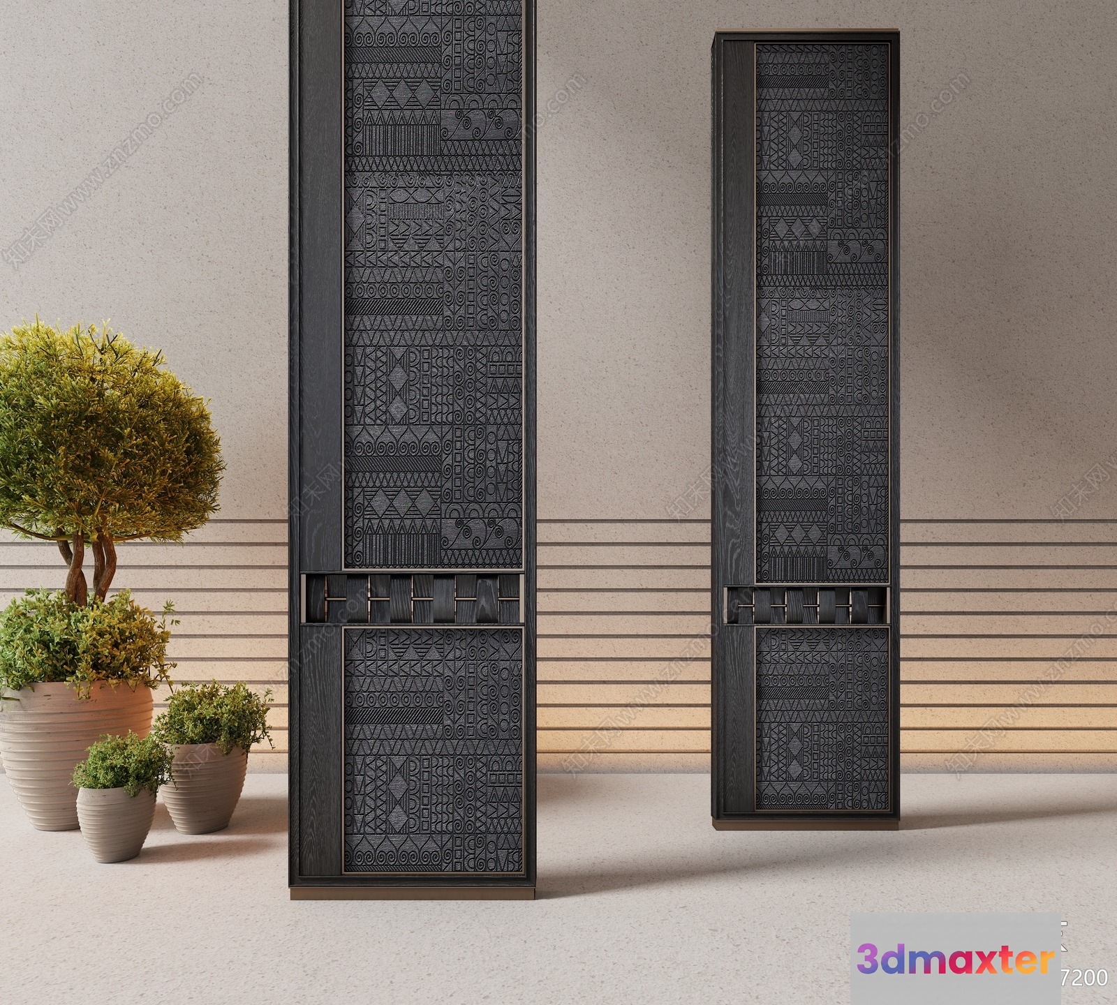 A Pair Of Tall Dark Wood Cabinets 3D Model - 8010 - VRAY Render
