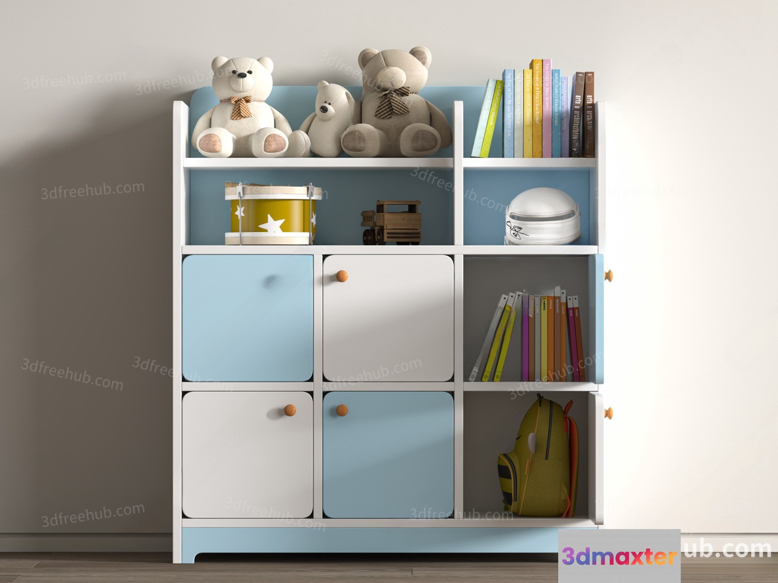 White And Blue Bookshelf 3D Model - 18751 - VRAY Render