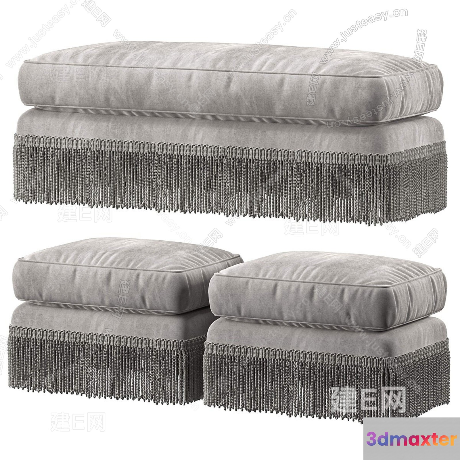 Gray Cushioned Ottomans With Fringe 3D Model - 6827 - VRAY Render