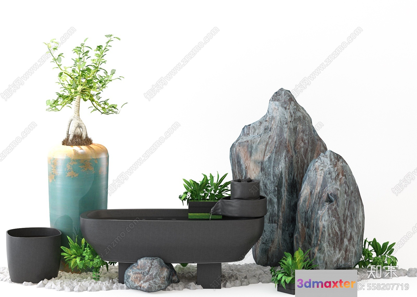 A Stone And Plant Arrangement 3D Model - 16110 - VRAY Render